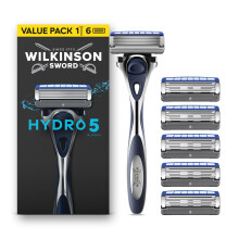 Wilkinson Sword Hydro 5 Razors for Men, Value Pack, Skin Hydration, Carbon Coated Blades, Men’s Shaver Razor Handle Plus 6 Blade Refills
