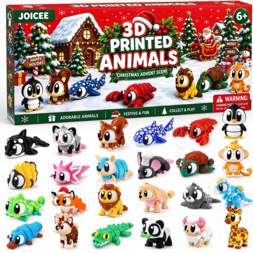 Julkalender 2026 med mini 3D-utskrivna djurleksaker