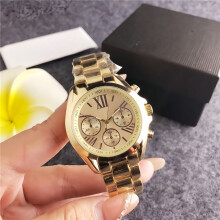 (Gold) Women Stainless Steel Quartz Watch, Roman Numeral 3-Eye Dial Elegant Dress Wrist Watch for Ladies Daily Wear