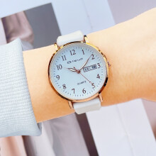 (Elegant platinum case) Women Day Date Quartz Watch, Soft Silicone Band Round Gold Case Casual Wristwatch