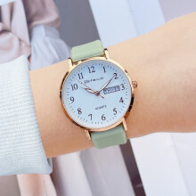 (With greenish golden shell) Women Day Date Quartz Watch, Soft Silicone Band Round Gold Case Casual Wristwatch