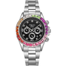 (Silver band with black face) Unisex Quartz Watch, Stainless Steel Band, Rainbow Crystal Bezel Black Dial Chronograph Wristwatch with Date Week