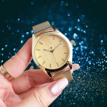 (gold) Ladies Minimalist Quartz Watch, Silver Metal Mesh Band, Large Round Case Brushed Dial Simple Marker Wristwatch