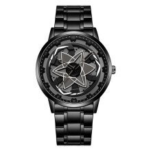 (Grey) Mens Unique Quartz Watch, Black Stainless Steel Band, 360 Degrees Rotatable Star Dial Casual Fashion Wristwatch
