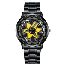 (yellow) Mens Unique Quartz Watch, Black Stainless Steel Band, 360 Degrees Rotatable Star Dial Casual Fashion Wristwatch