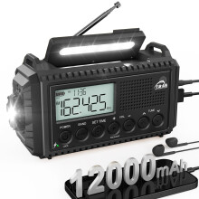 ROCAM Portable Emergency Radio with 12000mAh Battery, Wind up Solar Radio