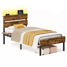VASAGLE Single Bed Frame with Headboard, LED Lights and USB Ports