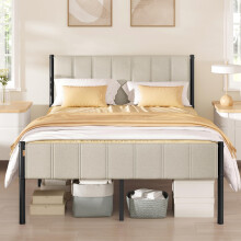 VASAGLE Double Bed Frame, 135 x 190 cm, with Upholstered Headboard, Metal Bed Frame, 500 kg Weight Capacity, Easy Assembly, Cappuccino Beige