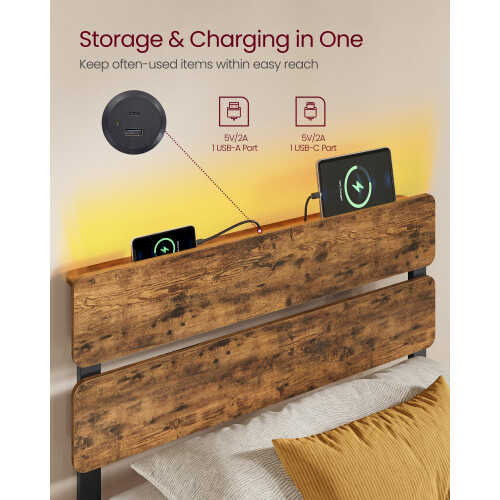 VASAGLE VASAGLE Single Bed Frame with Headboard, LED Lights and USB Ports 2