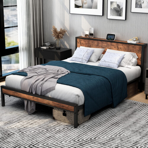 DUMEE King Size Bed Frame with Storage Wooden Headboard Metal Bed Frame 2