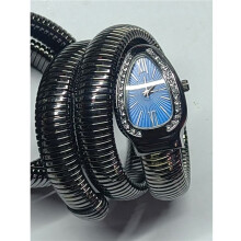 (Black, blue face) Women Snake Coil Bangle Watch, Gold Wrap Band Green Roman Dial Crystal Bezel Quartz Wristwatch