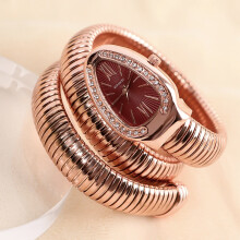 (Rose gold, red surface) Women Snake Coil Bangle Watch, Gold Wrap Band Green Roman Dial Crystal Bezel Quartz Wristwatch