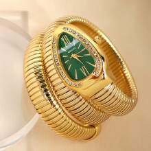 (Gold, green dial) Women Snake Coil Bangle Watch, Gold Wrap Band Green Roman Dial Crystal Bezel Quartz Wristwatch