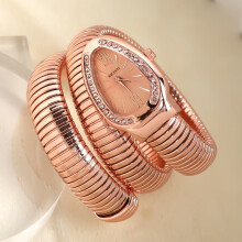 (Rose gold) Women Snake Coil Bangle Watch, Gold Wrap Band Green Roman Dial Crystal Bezel Quartz Wristwatch