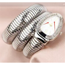(Silver shell, golden up, white face) Women Snake Coil Bangle Watch, Gold Wrap Band Green Roman Dial Crystal Bezel Quartz Wristwatch