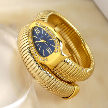 (Golden, blue dial) Women Snake Coil Bangle Watch, Gold Wrap Band Green Roman Dial Crystal Bezel Quartz Wristwatch
