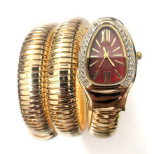 (Golden, red dial) Women Snake Coil Bangle Watch, Gold Wrap Band Green Roman Dial Crystal Bezel Quartz Wristwatch