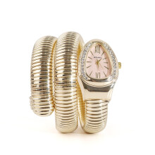 (Golden color, pink dial) Women Snake Coil Bangle Watch, Gold Wrap Band Green Roman Dial Crystal Bezel Quartz Wristwatch