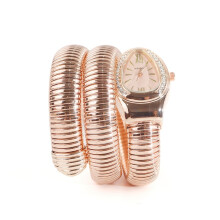 (Rose gold and pink finish) Women Snake Coil Bangle Watch, Gold Wrap Band Green Roman Dial Crystal Bezel Quartz Wristwatch