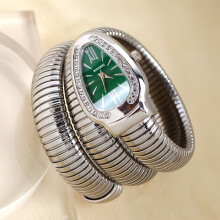 (Silver, green dial) Women Snake Coil Bangle Watch, Gold Wrap Band Green Roman Dial Crystal Bezel Quartz Wristwatch