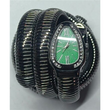 (Black, green face) Women Snake Coil Bangle Watch, Gold Wrap Band Green Roman Dial Crystal Bezel Quartz Wristwatch