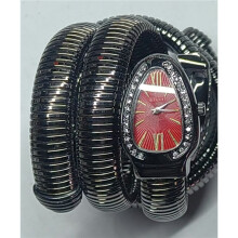 (Black, red face) Women Snake Coil Bangle Watch, Gold Wrap Band Green Roman Dial Crystal Bezel Quartz Wristwatch
