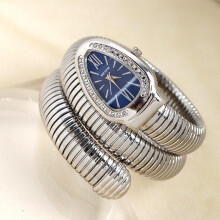 (Silver, blue dial) Women Snake Coil Bangle Watch, Gold Wrap Band Green Roman Dial Crystal Bezel Quartz Wristwatch