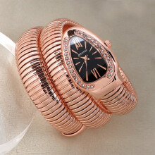 (Rose gold, black dial) Women Snake Coil Bangle Watch, Gold Wrap Band Green Roman Dial Crystal Bezel Quartz Wristwatch