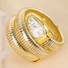 (Golden, white dial) Women Snake Coil Bangle Watch, Gold Wrap Band Green Roman Dial Crystal Bezel Quartz Wristwatch