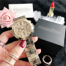(Gold) Ladies Two-Tone Quartz Watch, Gold & Silver Steel Band, Crystal Markers White Dial Decorative Chronograph Wristwatch
