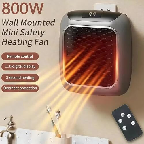 Wall Heater, 800W with Remote Control, PTC Ceramic Heating Element, 12 Hour Timer, Rapid Heating in 3 Seconds 1