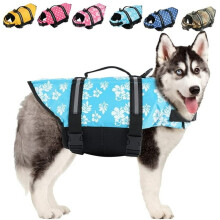 Dog Life Jackets, Reflective & Adjustable Preserver Vest with Enhanced Buoyancy & Rescue Handle for Swimming(Blue Flower,L), Pet Supplies