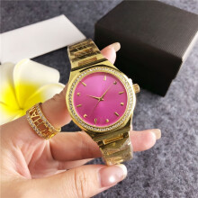 (Golden pink) Ladies Gold Quartz Watch, Stainless Steel Band, Crystal Bezel Fuchsia Brushed Dial Casual Fashion Wristwatch