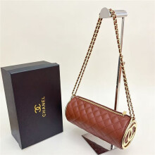 (Brown) Women's rhombus pattern cylindrical pen holder bag with box