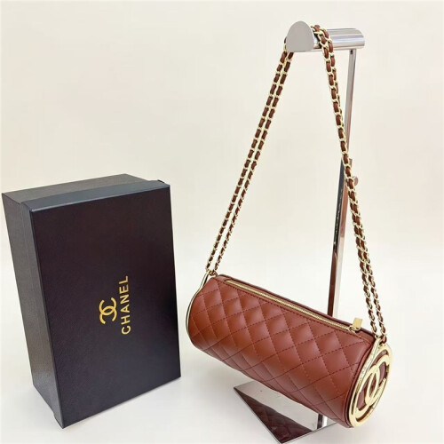 (Brown) Women's rhombus pattern cylindrical pen holder bag with box