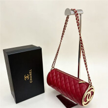 (Red) Women's rhombus pattern cylindrical pen holder bag with box