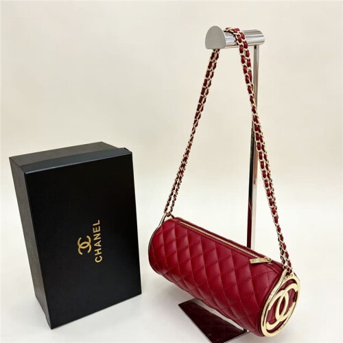 (Red) Women's rhombus pattern cylindrical pen holder bag with box