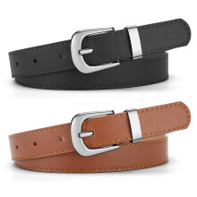 (Black) Women's Slim Faux Leather Belt with Pin Buckle - Simple Skinny Waistband for Dresses, Jeans, Pants - Student Fashion Accessory