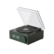 Altavoz Bluetooth multifuncional con reloj despertador, tocadiscos de vinilo y caja de sonido de escritorio para dormitorio.