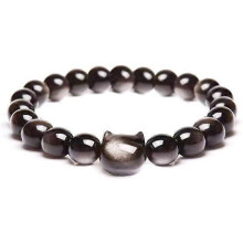 Braccialetto con gatto portafortuna per attirare denaro - Braccialetti da donna in ossidiana nera - Braccialetto con perline di pi