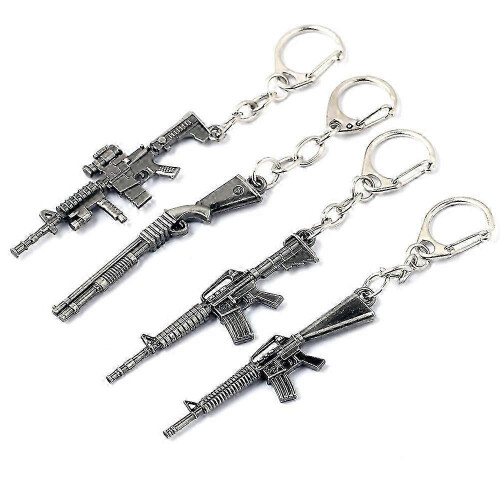 4 Pack Mini Gun Keychains for Men, Silver Metal Pistol Key Ring Pendants (4 Assorted Designs and Sizes)