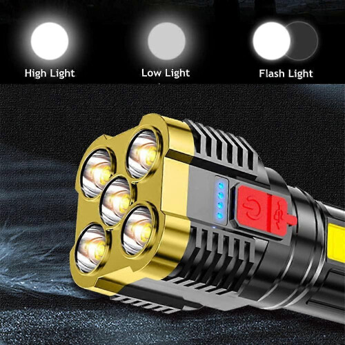 LED Torch Rechargeable, 5 LEDs Torches Super Bright Flashlight with COB Side Lights, 4 Lighting Modes USB Flashlight, Torches Battery Powere 2