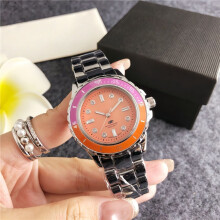 (Silver powder orange) Ladies Silver Quartz Watch, Stainless Steel Band, Pink Dial Crystal Markers Pink-Orange Rotating Bezel Waterproof Wristwatch