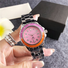 (Silver Orange Powder) Ladies Silver Quartz Watch, Stainless Steel Band, Pink Dial Crystal Markers Pink-Orange Rotating Bezel Waterproof Wristwatch