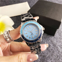 (Silver blue) Ladies Silver Quartz Watch, Stainless Steel Band, Pink Dial Crystal Markers Pink-Orange Rotating Bezel Waterproof Wristwatch