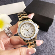 (Golden white) Ladies Silver Quartz Watch, Stainless Steel Band, Pink Dial Crystal Markers Pink-Orange Rotating Bezel Waterproof Wristwatch