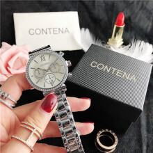 (Silver) Ladies Silver Quartz Watch, Stainless Steel Band, Crystal Bezel White Roman Dial Decorative Chronograph Wristwatch