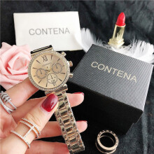 (Gold) Ladies Silver Quartz Watch, Stainless Steel Band, Crystal Bezel White Roman Dial Decorative Chronograph Wristwatch