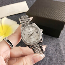 (Silver) Ladies Gold Quartz Watch, Stainless Steel Band, Crystal Bezel Black Dial Crystal Markers with Date Window Wristwatch