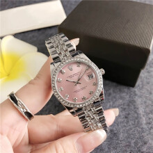 (Silver pink) Ladies Gold Quartz Watch, Stainless Steel Band, Crystal Bezel Black Dial Crystal Markers with Date Window Wristwatch
